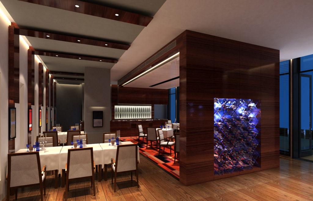 Architecture intérieure haut de gamme : restaurant avec cave à vin vitrée éclairée dans un volume en bois sombre, bar rétroéclairé, tables nappées de blanc, poutres en bois et tapis rouge, projet Oak & Wine à Shanghai par le studio Camille Brunot