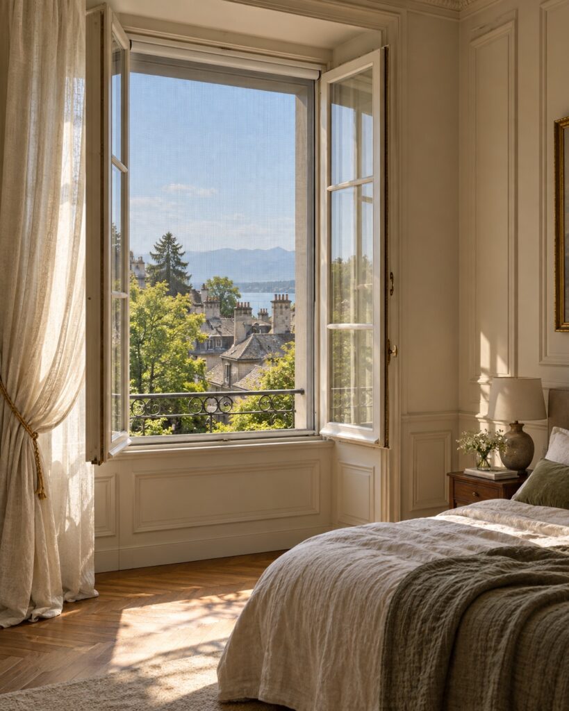 Moustiquaire enroulable sur mesure posée dans l’embrasure d’une fenêtre à deux battants ouverts vers l’intérieur, chambre d’appartement ancien avec vue sur les toits et le lac, pose de moustiquaires à Genève
