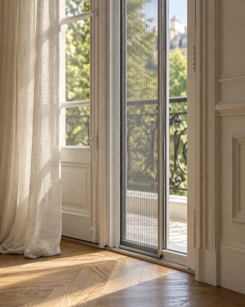 Moustiquaire plissée sur mesure posée sur une porte-fenêtre d’appartement ancien à Genève, cadre fin blanc, voilage en lin, balcon en fer forgé et parquet en point de Hongrie