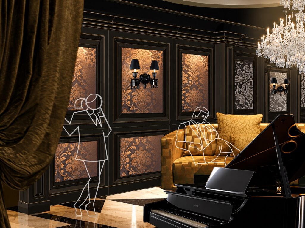 Aménagement intérieur haut de gamme : salon aux boiseries noires moulurées, panneaux de papier peint damassé cuivré, appliques noires, lustre en cristal, fauteuil doré, piano à queue et sol en marbre, par le studio Camille Brunot