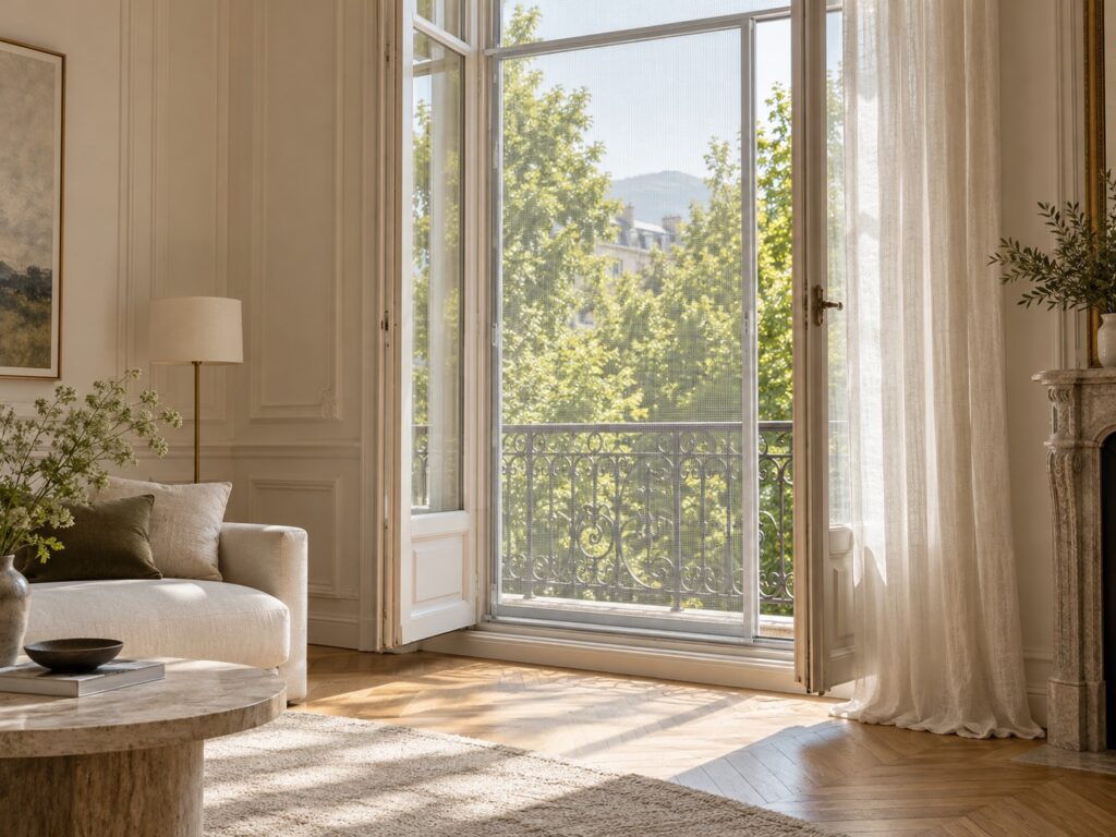 Moustiquaire sur mesure installée sur une porte-fenêtre ouverte d’un appartement ancien à Genève, balcon en fer forgé, voilage en lin, parquet en point de Hongrie et cheminée en marbre