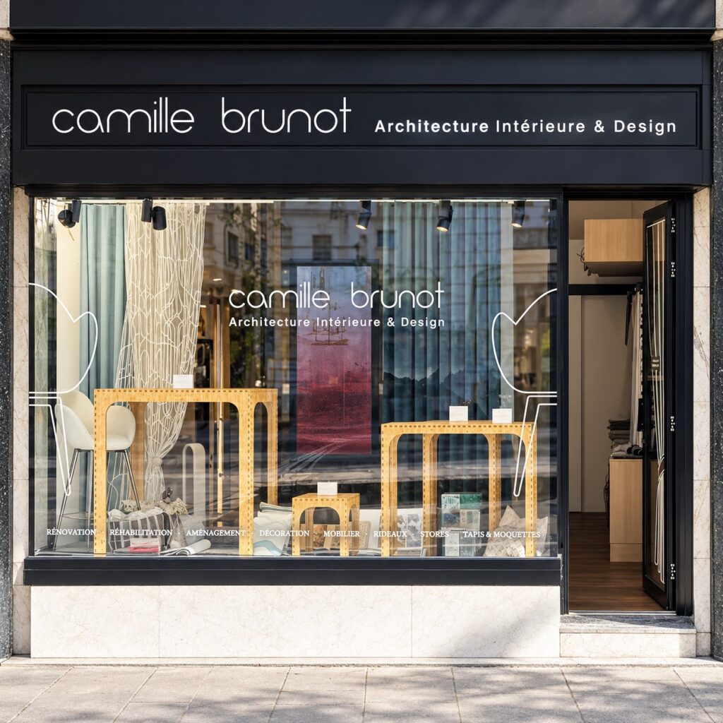 Vitrine du showroom Camille Brunot, architecture intérieure et design, Rue du Rhône 114 à Genève